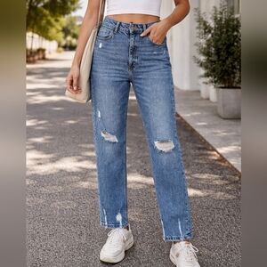 Zara High-Rise Distressed Casual Straight Skinny Mom Jeans Sz 10